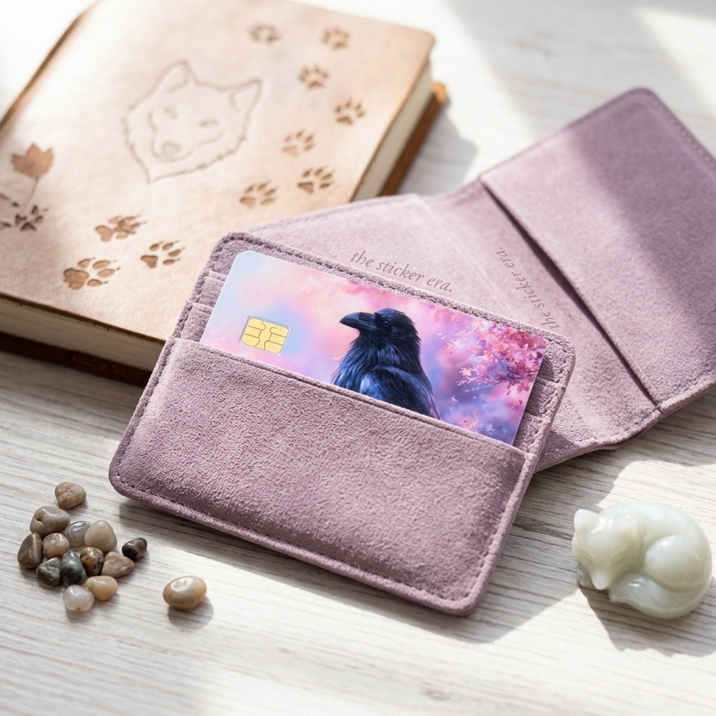 Gothic raven pink blossom debit card skin in a mauve cardholder with crystals by The Sticker Era