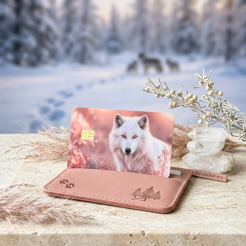 White wolf credit card skin in a snowy winter scene with pampas grass by The Sticker Era