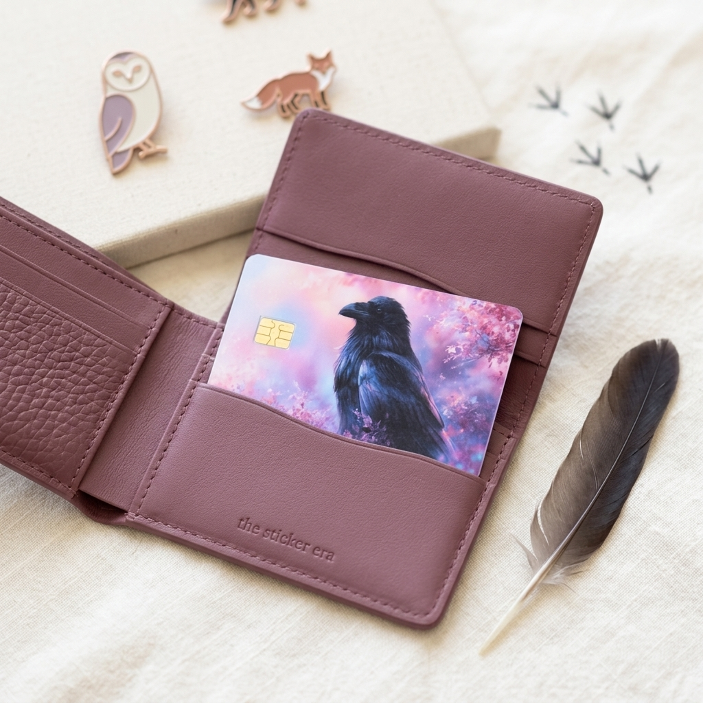 Raven cherry blossom credit card skin in a mauve leather wallet with a dark feather by The Sticker Era