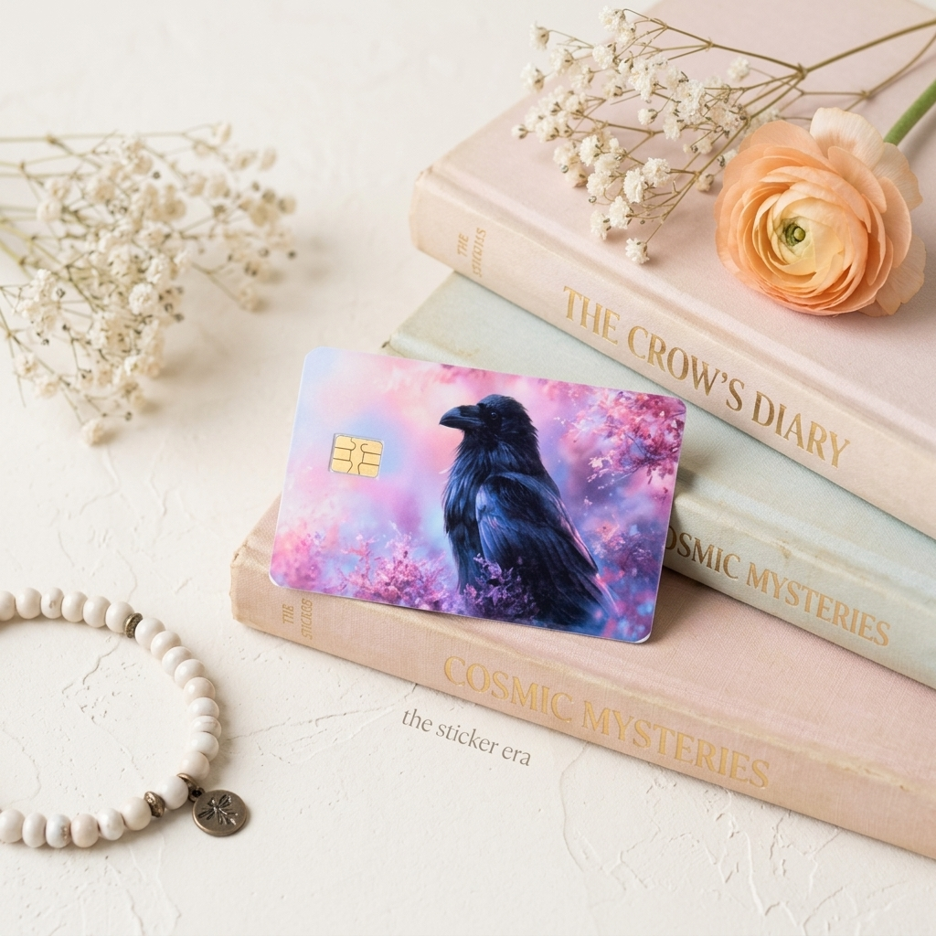 Raven cherry blossom debit card skin on vintage books with a ranunculus and wooden beads by The Sticker Era