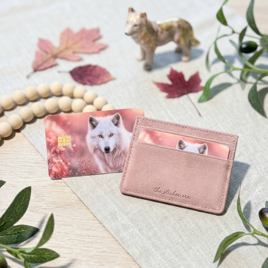 White wolf card skin on a debit card beside a blush pink cardholder with fall maple leaves by The Sticker Era