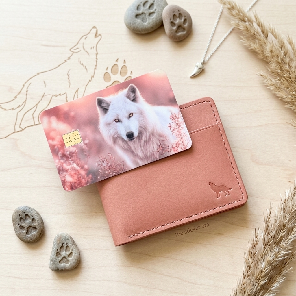 Blush pink white wolf debit card skin resting on a pink wallet with a wolf sketch by The Sticker Era
