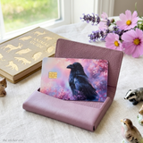 Raven card skin on a debit card with a lavender wallet and pink cosmos flowers by The Sticker Era