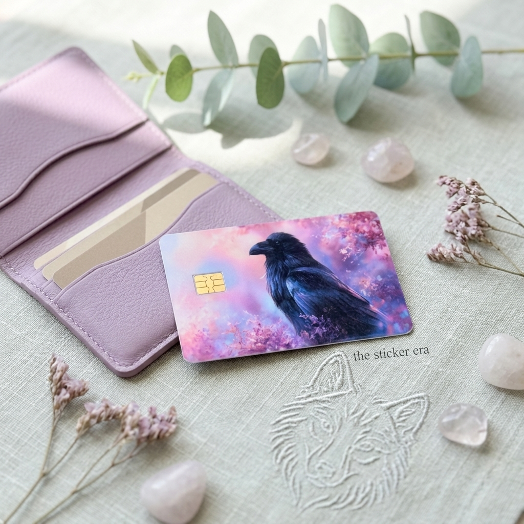 Whimsigoth raven credit card skin with eucalyptus and dried flowers on linen by The Sticker Era