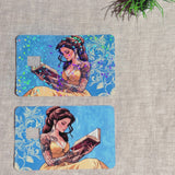Tattooed Princess Card Skin on a debit card, blue damask with yellow gown, by The Sticker Era