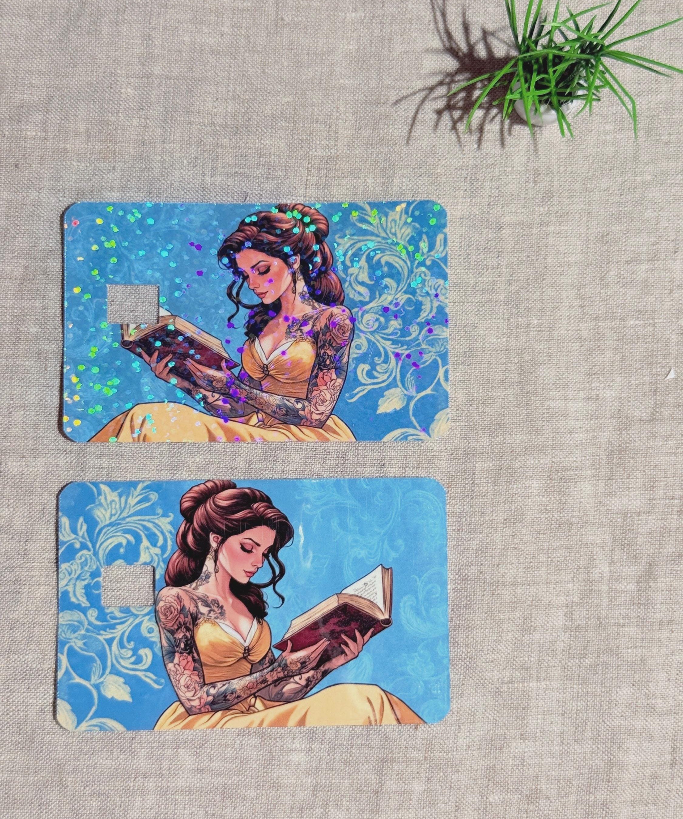 Tattooed Princess Card Skin on a debit card, blue damask with yellow gown, by The Sticker Era