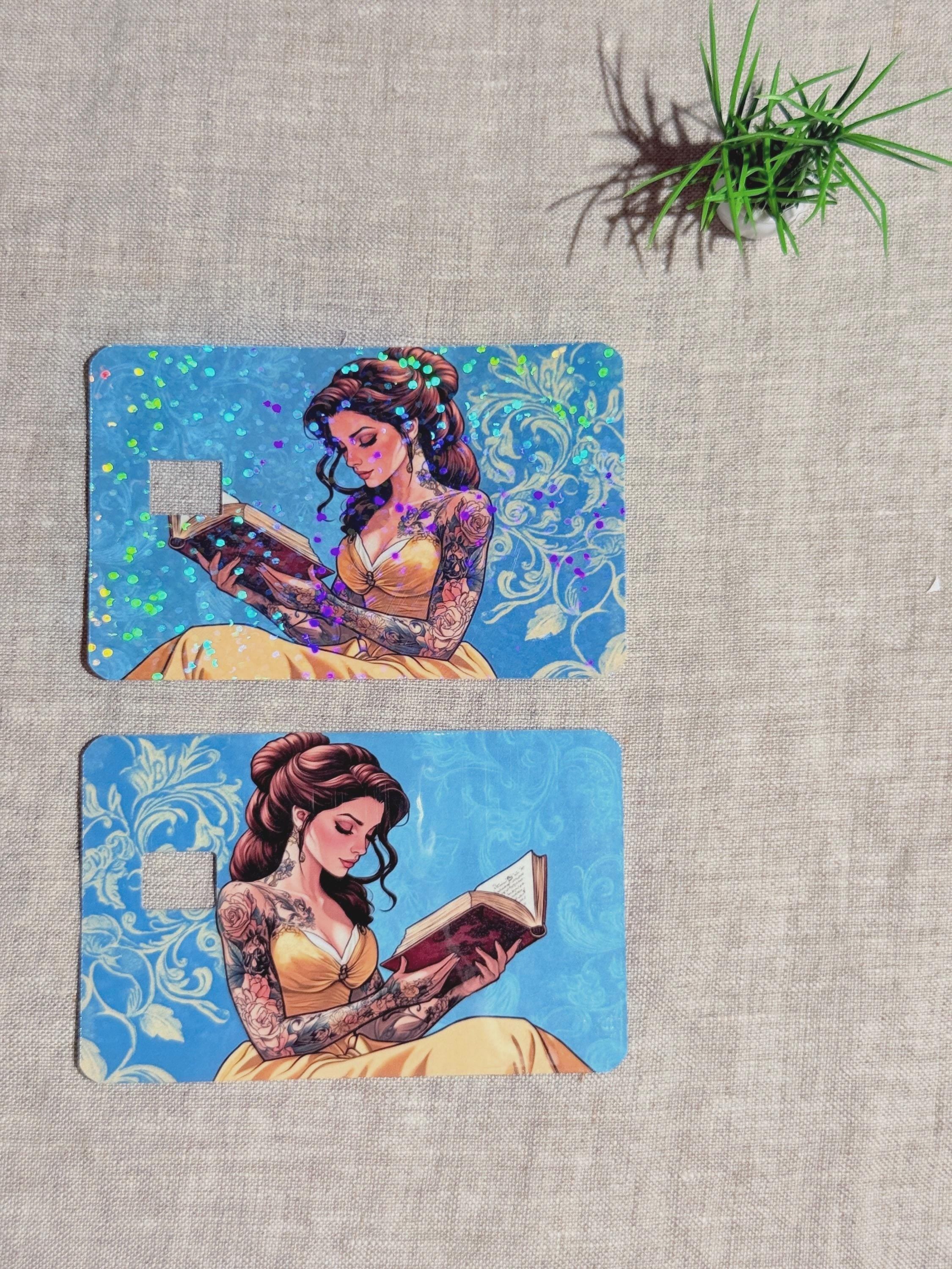 Tattooed Princess Card Skin on a debit card, blue damask with yellow gown, by The Sticker Era