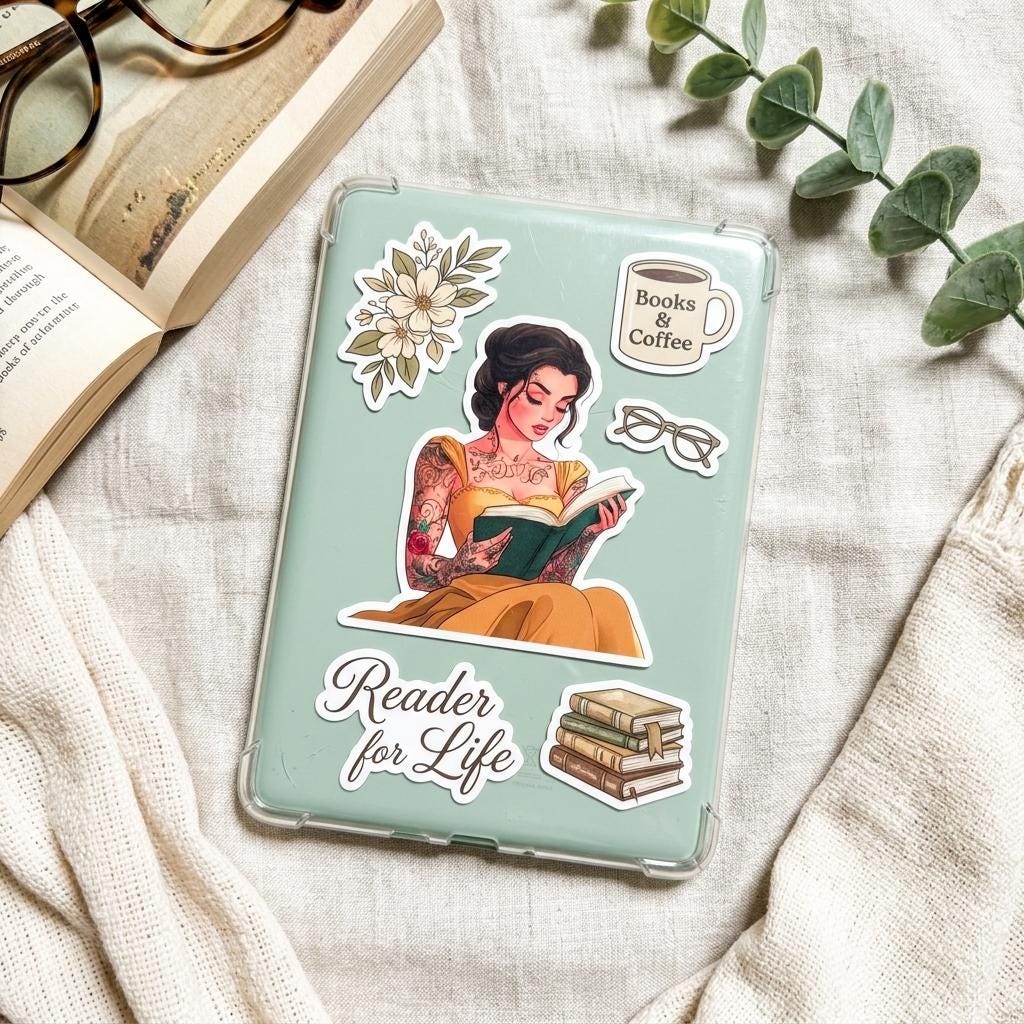 Tattooed princess in yellow gown reading, waterproof vinyl sticker by The Sticker Era