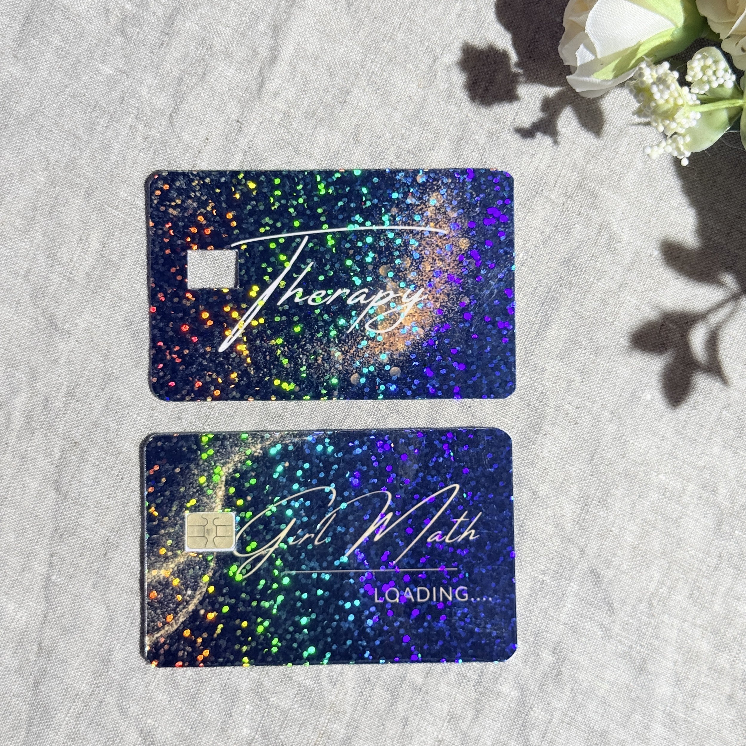 Therapy and Girl Math card skins side by side on linen by The Sticker Era