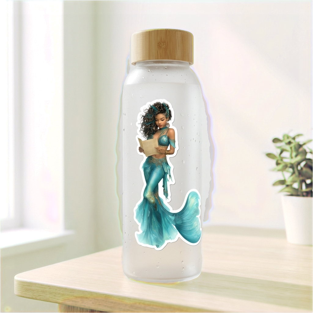 beautiful teal mermaid sticker  on a glass water bottle