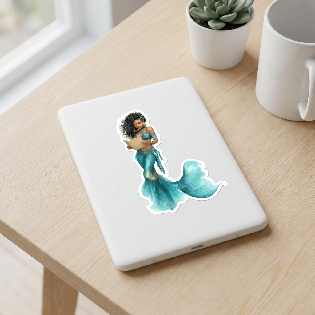 Hand holding teal mermaid reading sticker showing size and vinyl detail