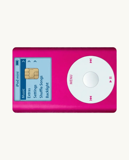 Pink retro iPod-inspired debit card skin vinyl wrap on white background
