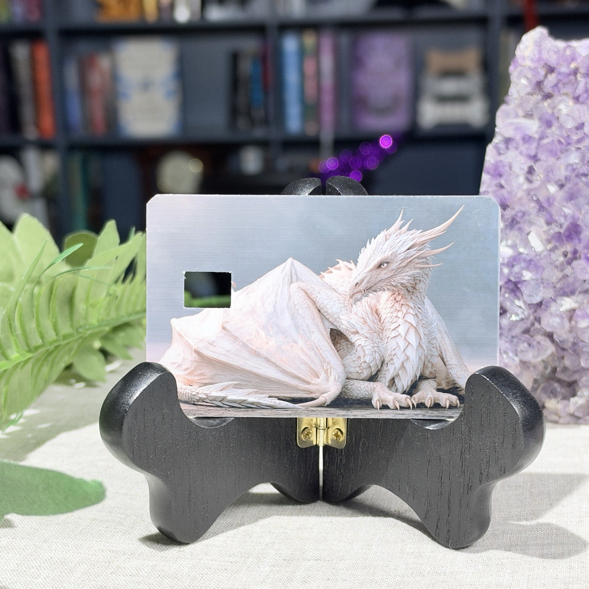 White dragon card skin showing the pre-cut chip window, by The Sticker Era