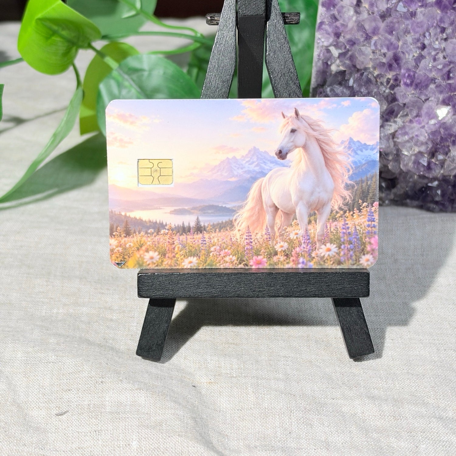 White Horse Card Skin – Wildflower Meadow & Mountains Debit & Credit Card Sticker by The Sticker Era