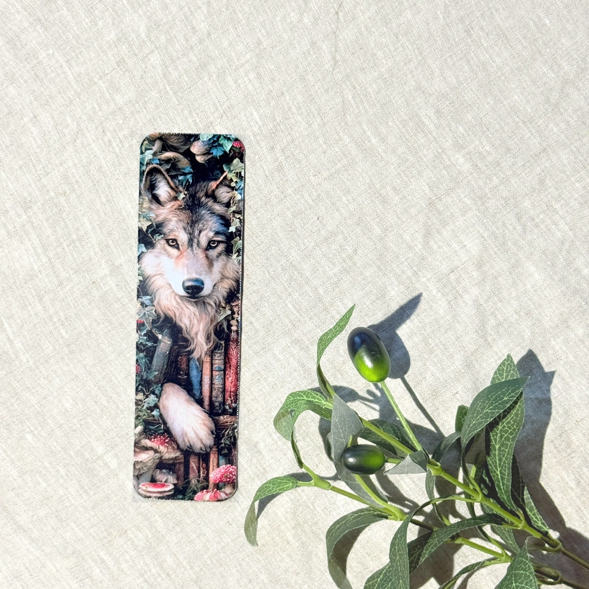 Wolf in the library laminated bookmark on linen by The Sticker Era