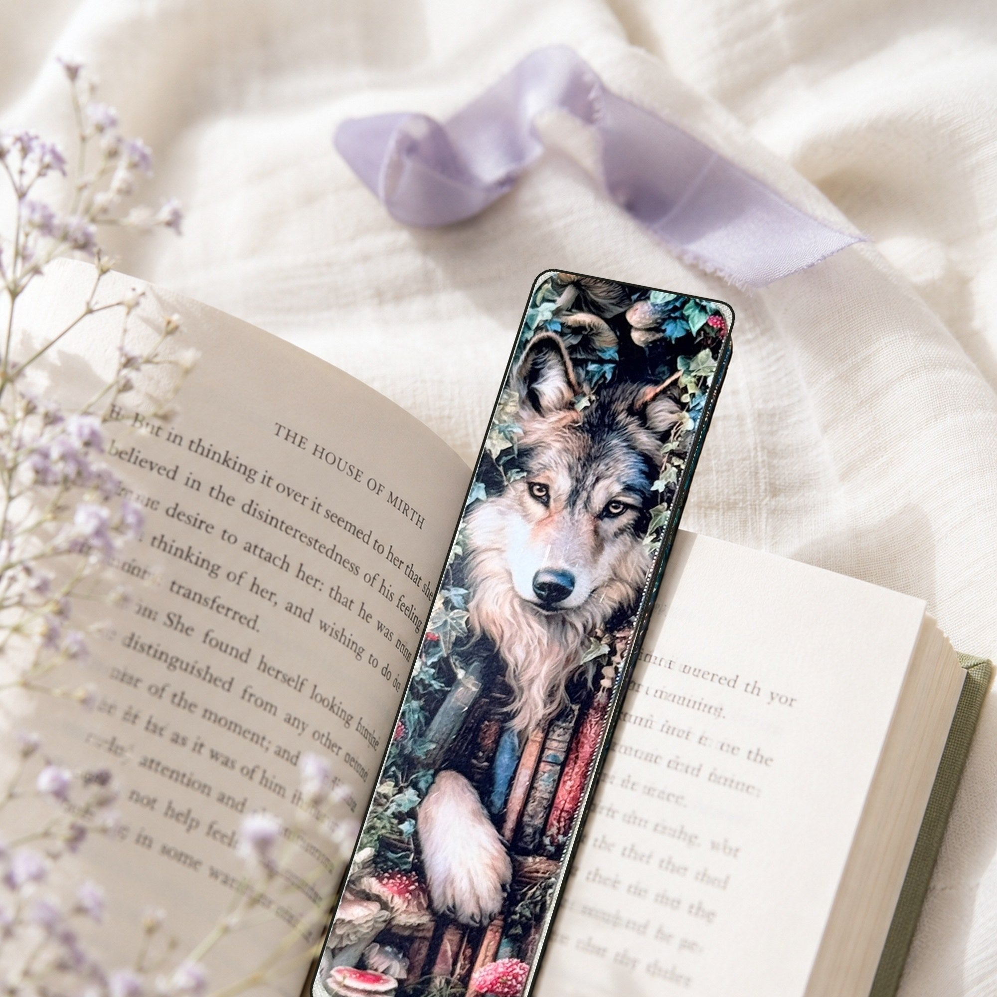 Wolf bookmark tucked into an open book by The Sticker Era