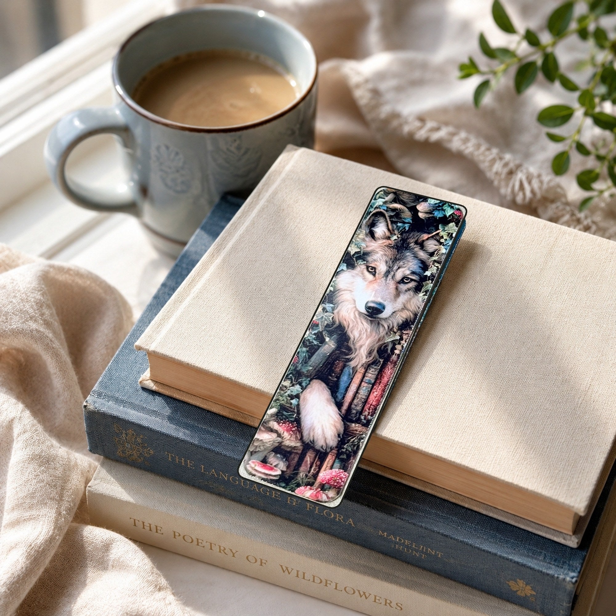 Wolf bookmark with coffee and books by The Sticker Era