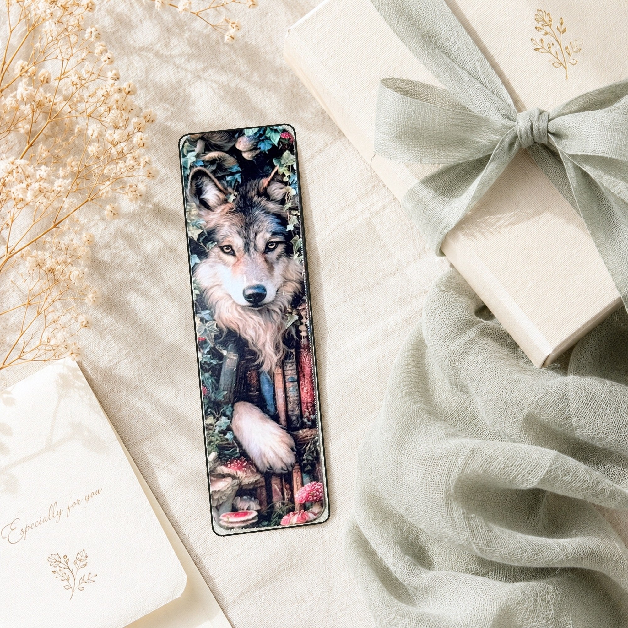 Wolf bookmark gift flat lay by The Sticker Era