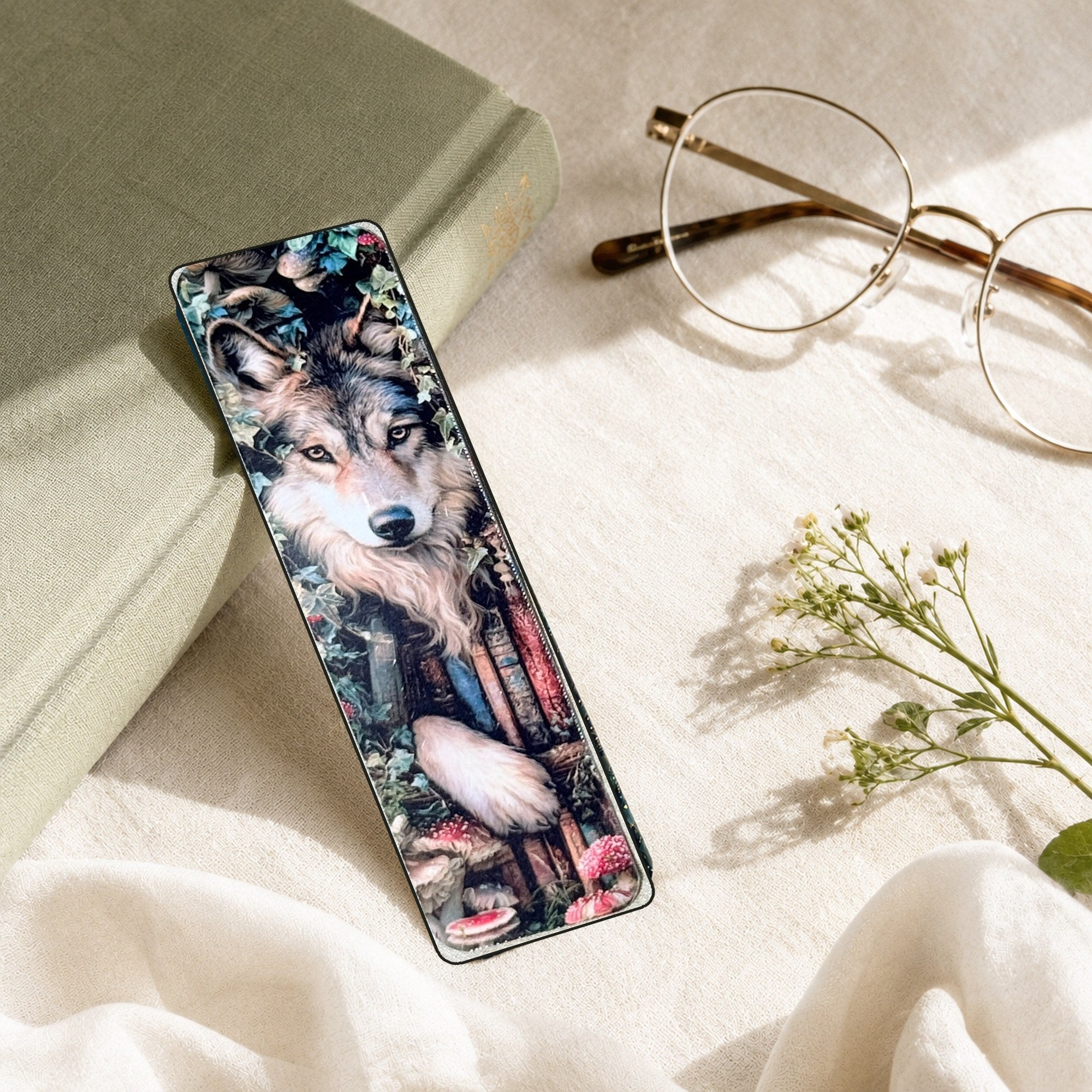 Wolf bookmark with sage book and glasses by The Sticker Era